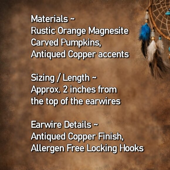 Rustic Pumpkin Earrings Copper Dangle Orange Gemstone Autumn Fall Boho Handmade - Picture 2 of 8